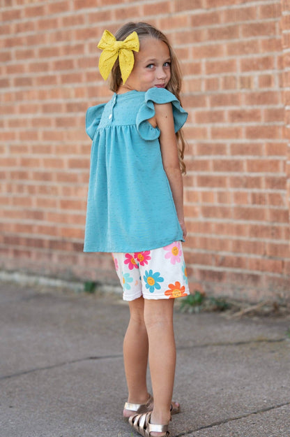Girls Teal Retro Happy Flower Spring Summer Short Set - Tiny Tots Boutique