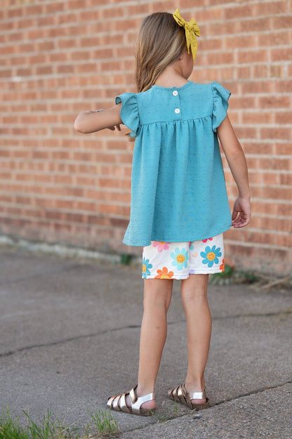 Girls Teal Retro Happy Flower Spring Summer Short Set - Tiny Tots Boutique