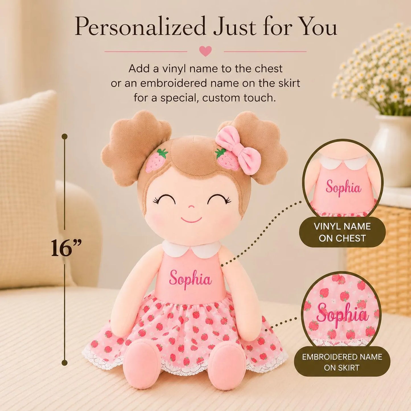 Personalized Plush Doll – Custom Name Keepsake Strawberry Dress