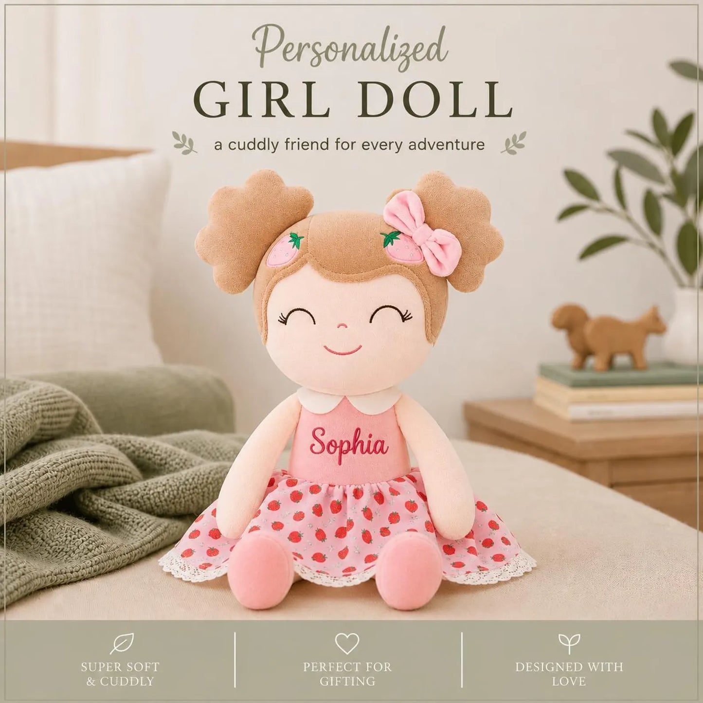 Personalized Plush Doll – Custom Name Keepsake Strawberry Dress