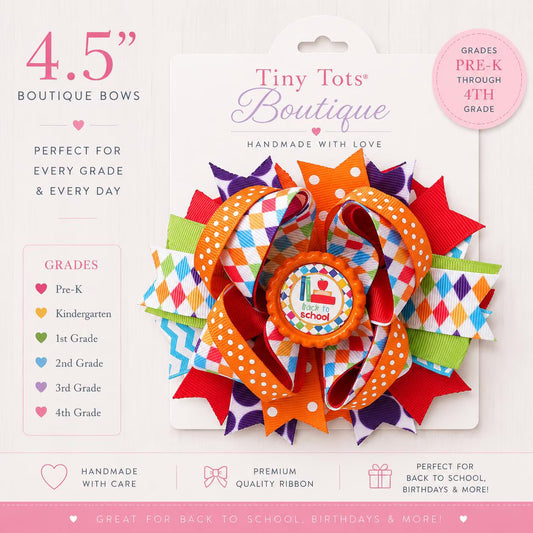 Grosgrain Ribbon Hair Bow Layered Construction First Grade Theme Boutique Quality Handmade Accessory French Barrette Attachment Bottle Cap Center Detail Multi Pattern Design Pink Orange White Polka Dot Chevron Back To School Essential