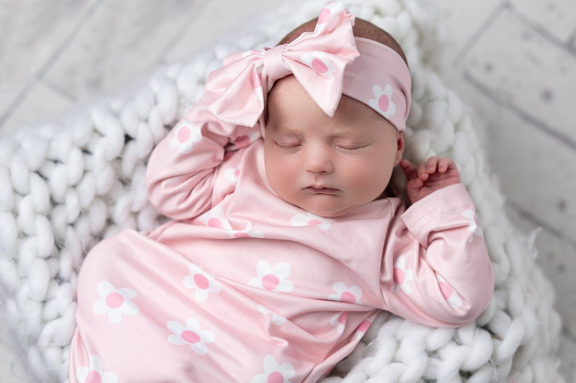 Infant Girls Pink Dainty Flower Baby Gown and Bow Headband - Tiny Tots Boutique