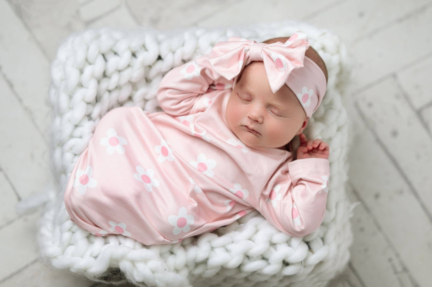 Infant Girls Pink Dainty Flower Baby Gown and Bow Headband - Tiny Tots Boutique
