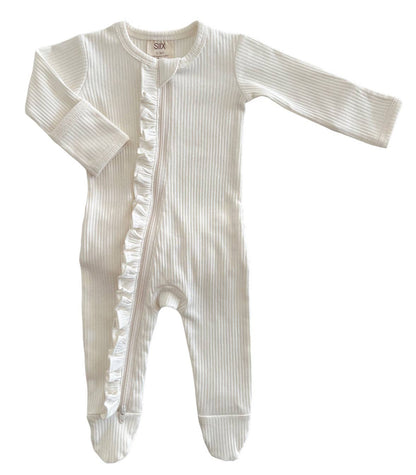 Ivory / Organic Ribbed Frill Zip Footie - Tiny Tots Boutique