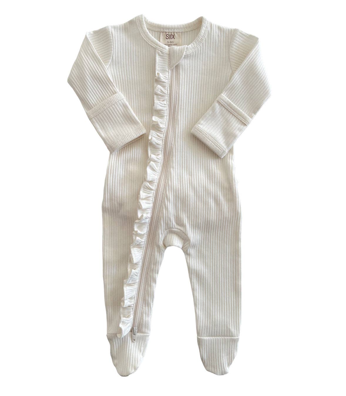 Ivory / Organic Ribbed Frill Zip Footie - Tiny Tots Boutique