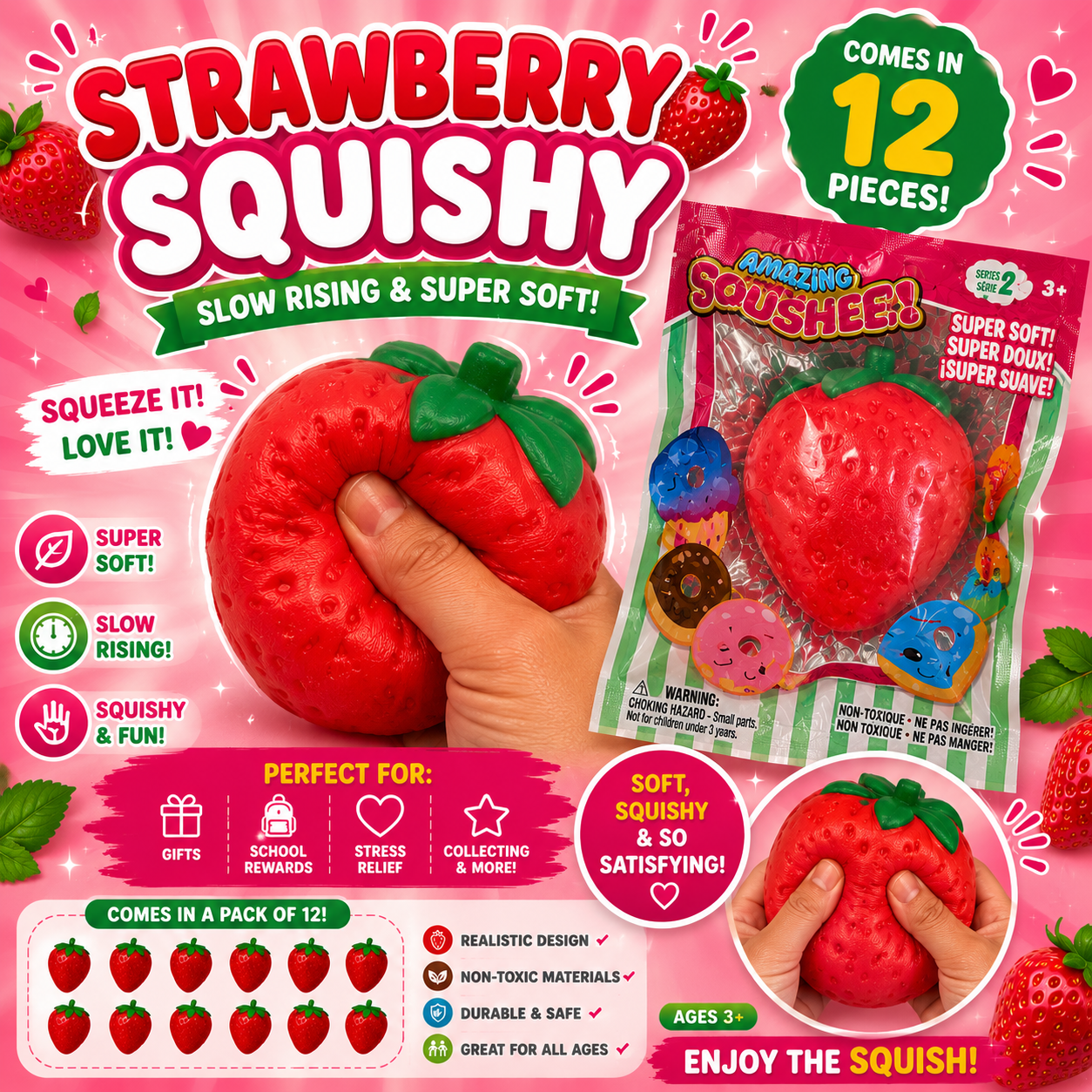 Jumbo Strawberry Squishy – Super Soft Slow Rising Stress Relief Toy - Tiny Tots Boutique