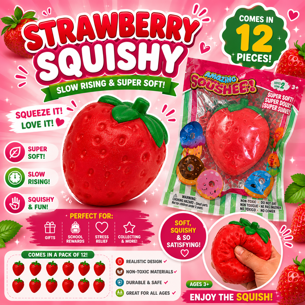 Jumbo Strawberry Squishy – Super Soft Slow Rising Stress Relief Toy - Tiny Tots Boutique