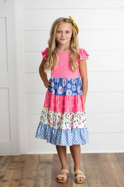Kids Ava Hot Pink Blue Floral Tiered Ruffles Spring Dress - Tiny Tots Boutique
