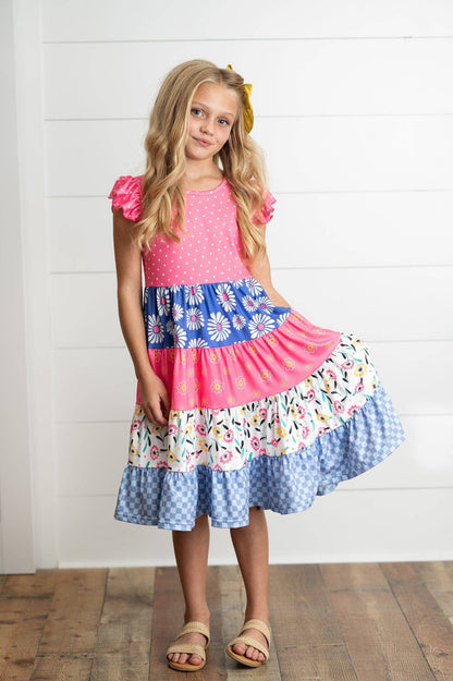 Kids Ava Hot Pink Blue Floral Tiered Ruffles Spring Dress - Tiny Tots Boutique