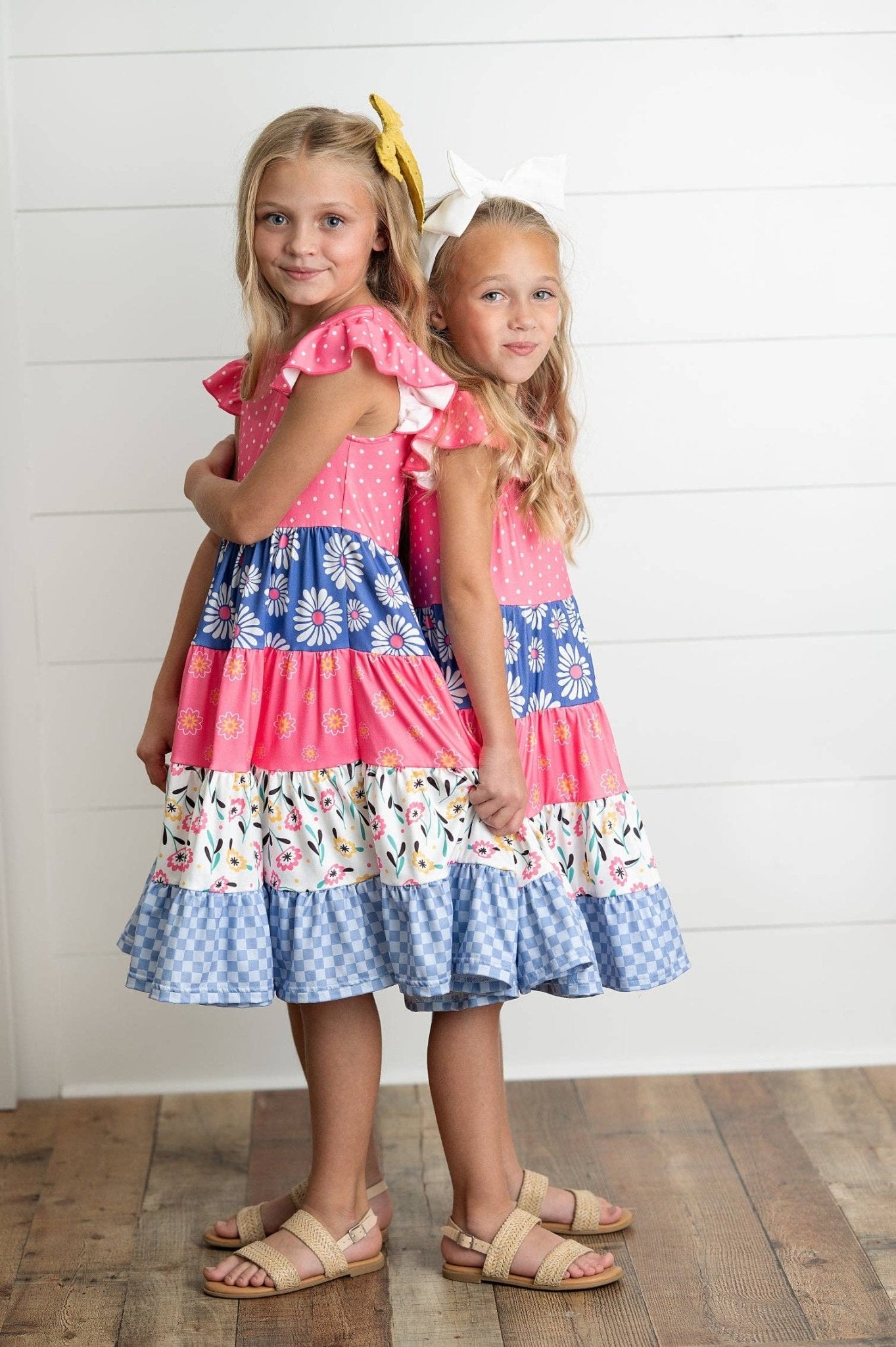 Kids Ava Hot Pink Blue Floral Tiered Ruffles Spring Dress - Tiny Tots Boutique
