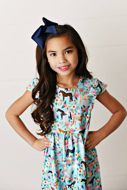 Kids Blue Floral Western Horse Flutter Sleeve Spring Dress - Tiny Tots Boutique