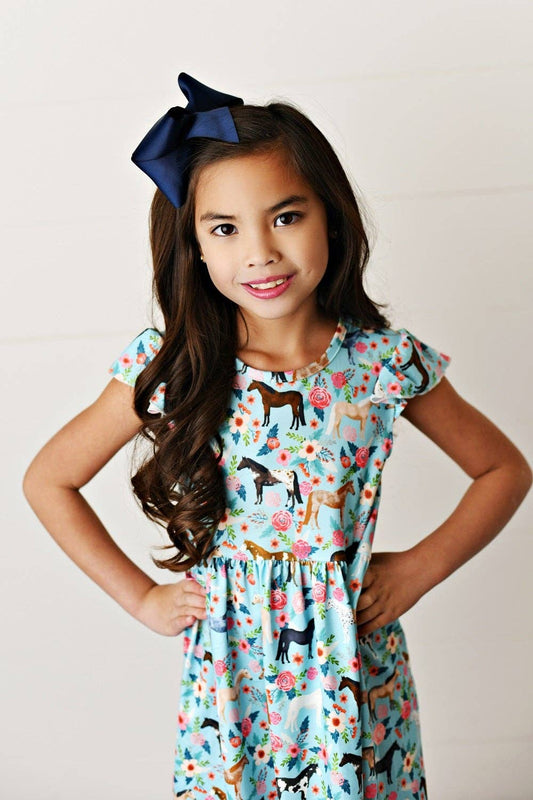 Kids Blue Floral Western Horse Flutter Sleeve Spring Dress - Tiny Tots Boutique