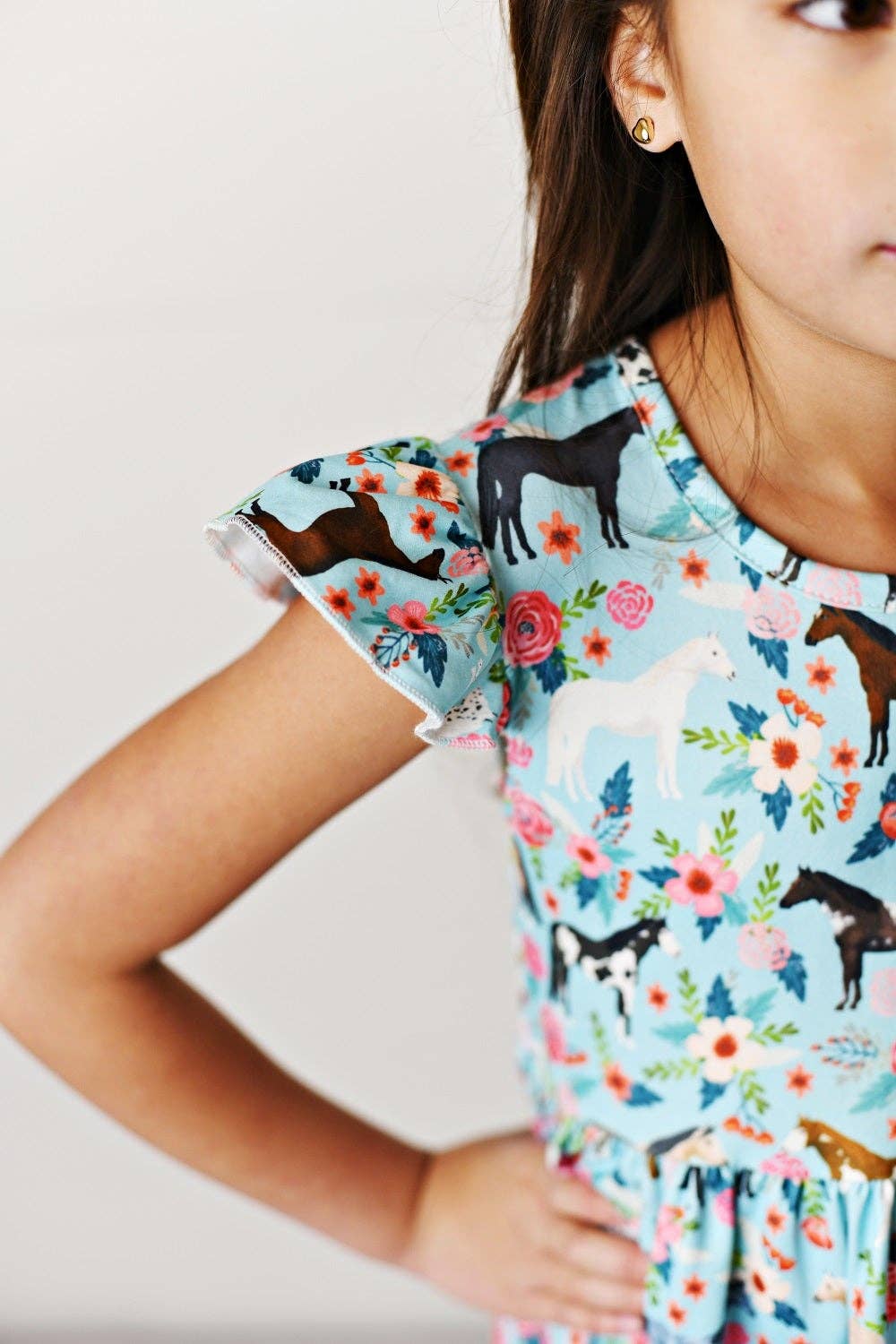 Kids Blue Floral Western Horse Flutter Sleeve Spring Dress - Tiny Tots Boutique