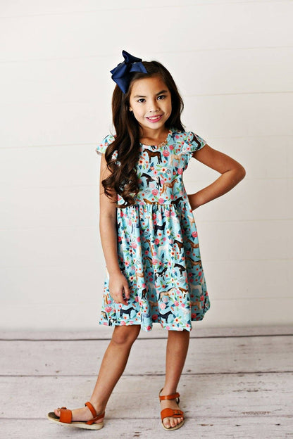Kids Blue Floral Western Horse Flutter Sleeve Spring Dress - Tiny Tots Boutique