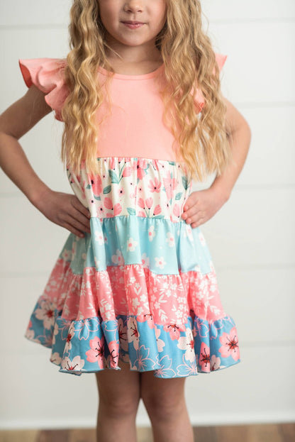 Kids Blue & Pink Mixed Floral Print Tiered Easter Dress - Tiny Tots Boutique