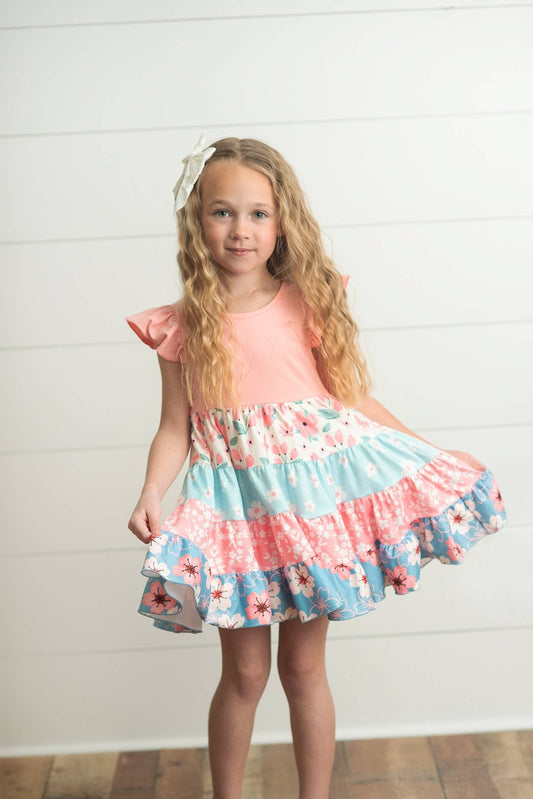 Kids Blue & Pink Mixed Floral Print Tiered Easter Dress - Tiny Tots Boutique
