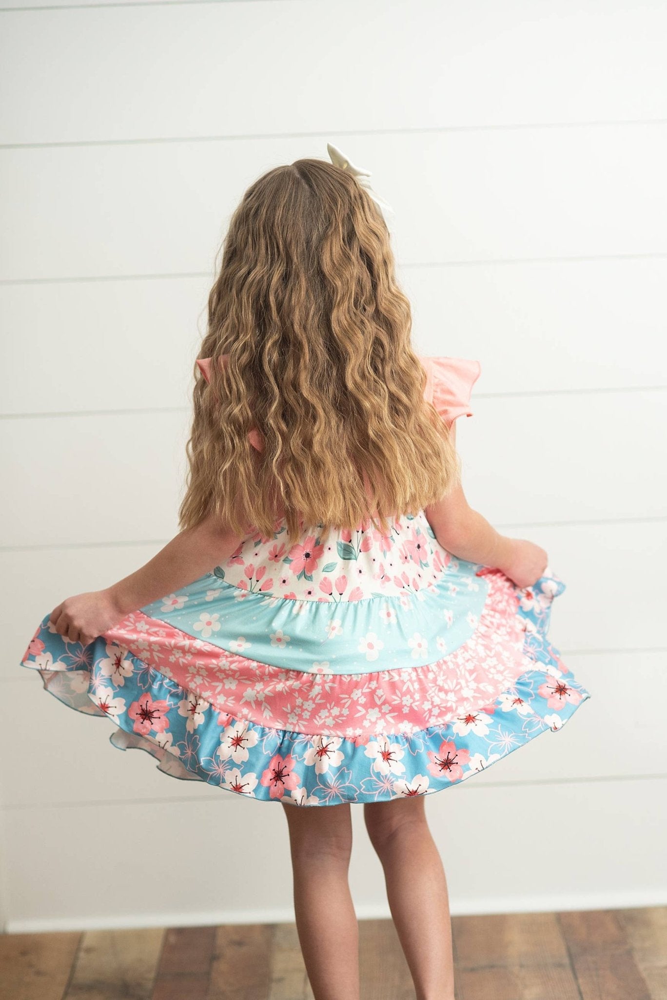 Kids Blue & Pink Mixed Floral Print Tiered Easter Dress - Tiny Tots Boutique