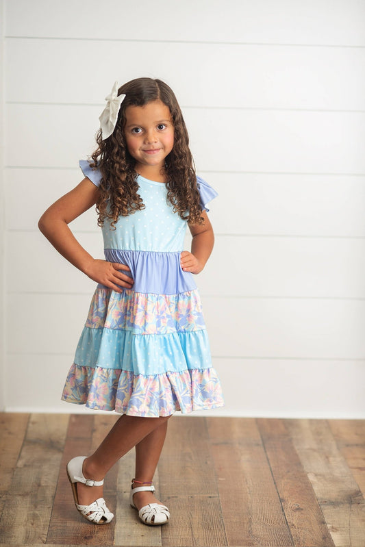 Kids Blue & Purple Polka Dot Floral Tiered Easter Dress - Tiny Tots Boutique