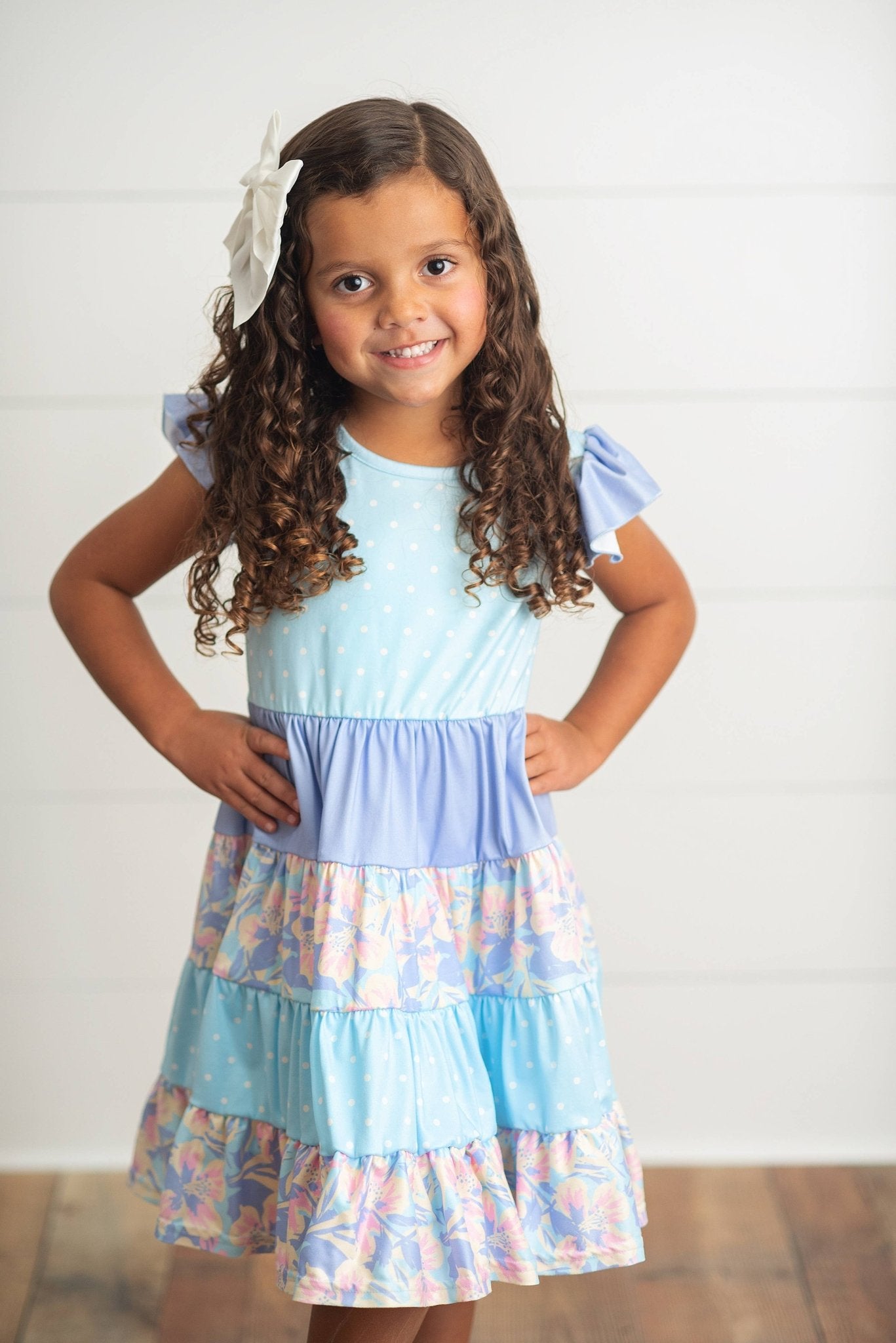 Kids Blue & Purple Polka Dot Floral Tiered Easter Dress - Tiny Tots Boutique