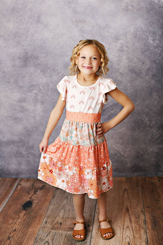 Kids Boho Floral & Rainbow Tiered Spring Summer Dress - Tiny Tots Boutique