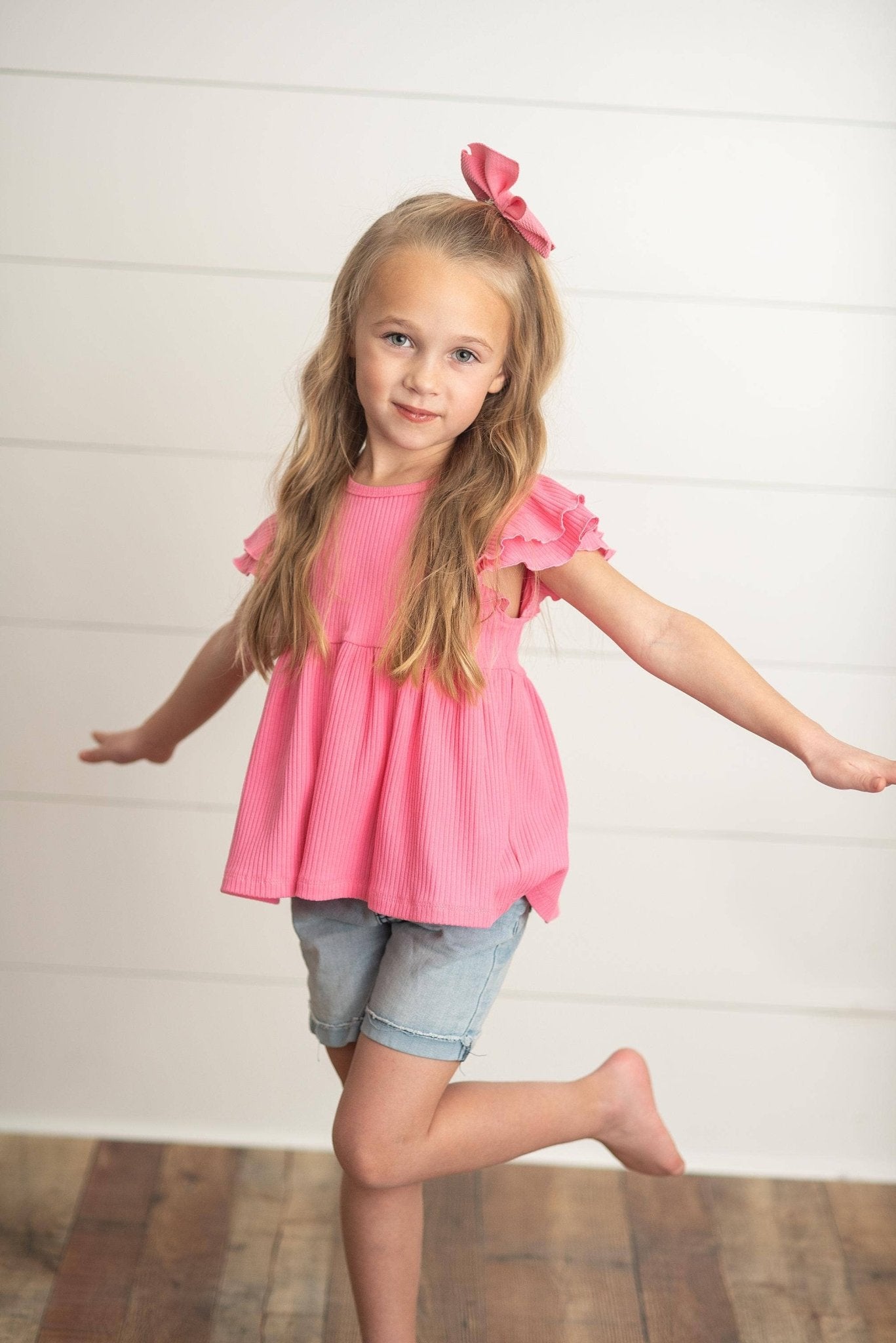 Kids Bright Pink Double Ruffle Flutter Sleeve Spring Shirt - Tiny Tots Boutique