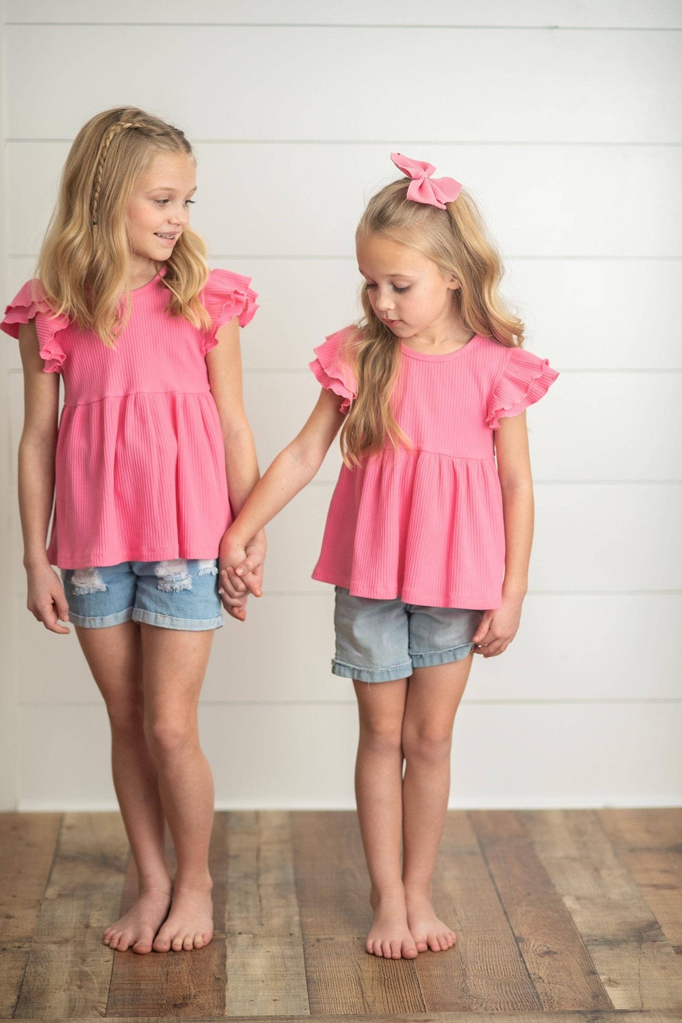Kids Bright Pink Double Ruffle Flutter Sleeve Spring Shirt - Tiny Tots Boutique
