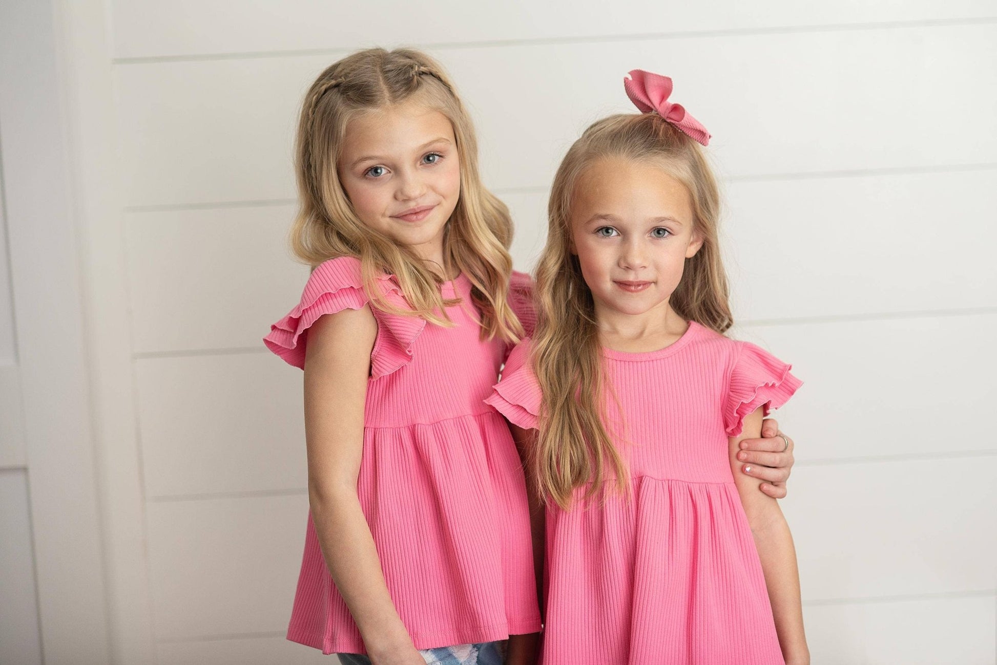 Kids Bright Pink Double Ruffle Flutter Sleeve Spring Shirt - Tiny Tots Boutique