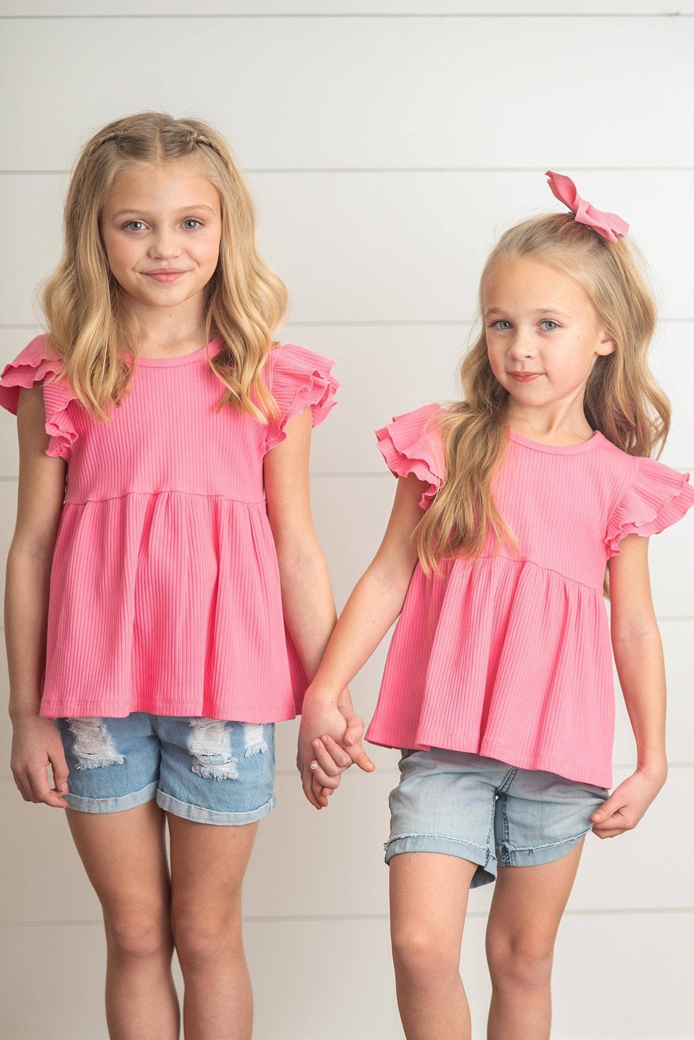 Kids Bright Pink Double Ruffle Flutter Sleeve Spring Shirt - Tiny Tots Boutique