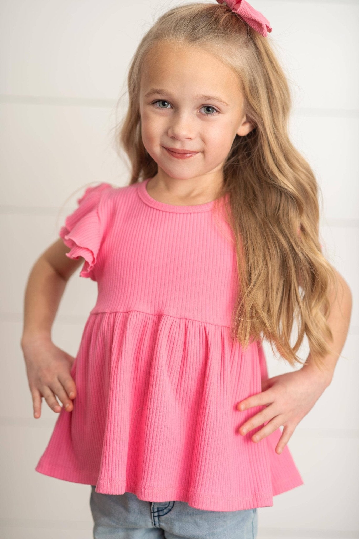 Kids Bright Pink Double Ruffle Flutter Sleeve Spring Shirt - Tiny Tots Boutique