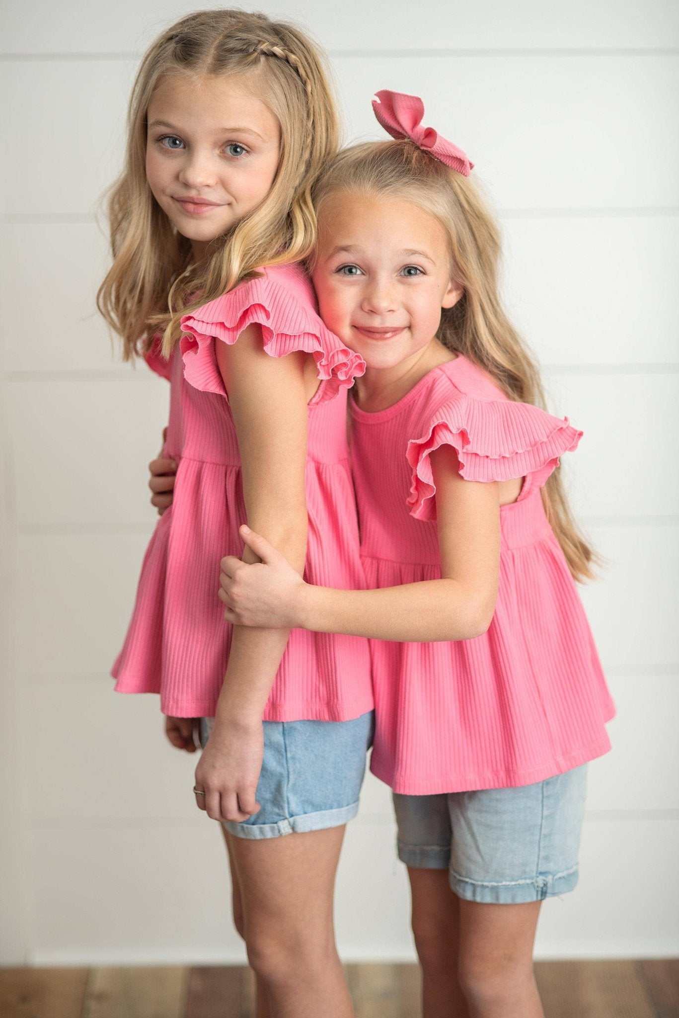 Kids Bright Pink Double Ruffle Flutter Sleeve Spring Shirt - Tiny Tots Boutique