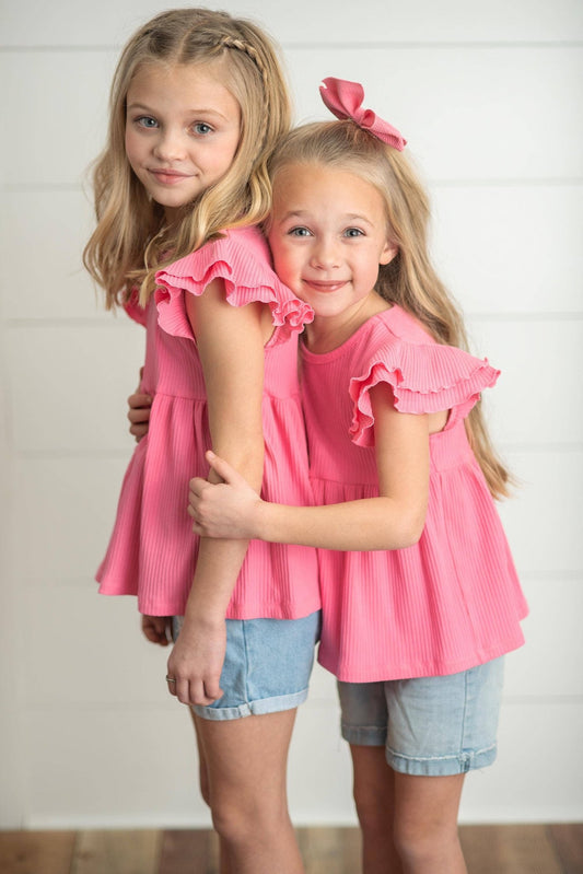 Kids Bright Pink Double Ruffle Flutter Sleeve Spring Shirt - Tiny Tots Boutique