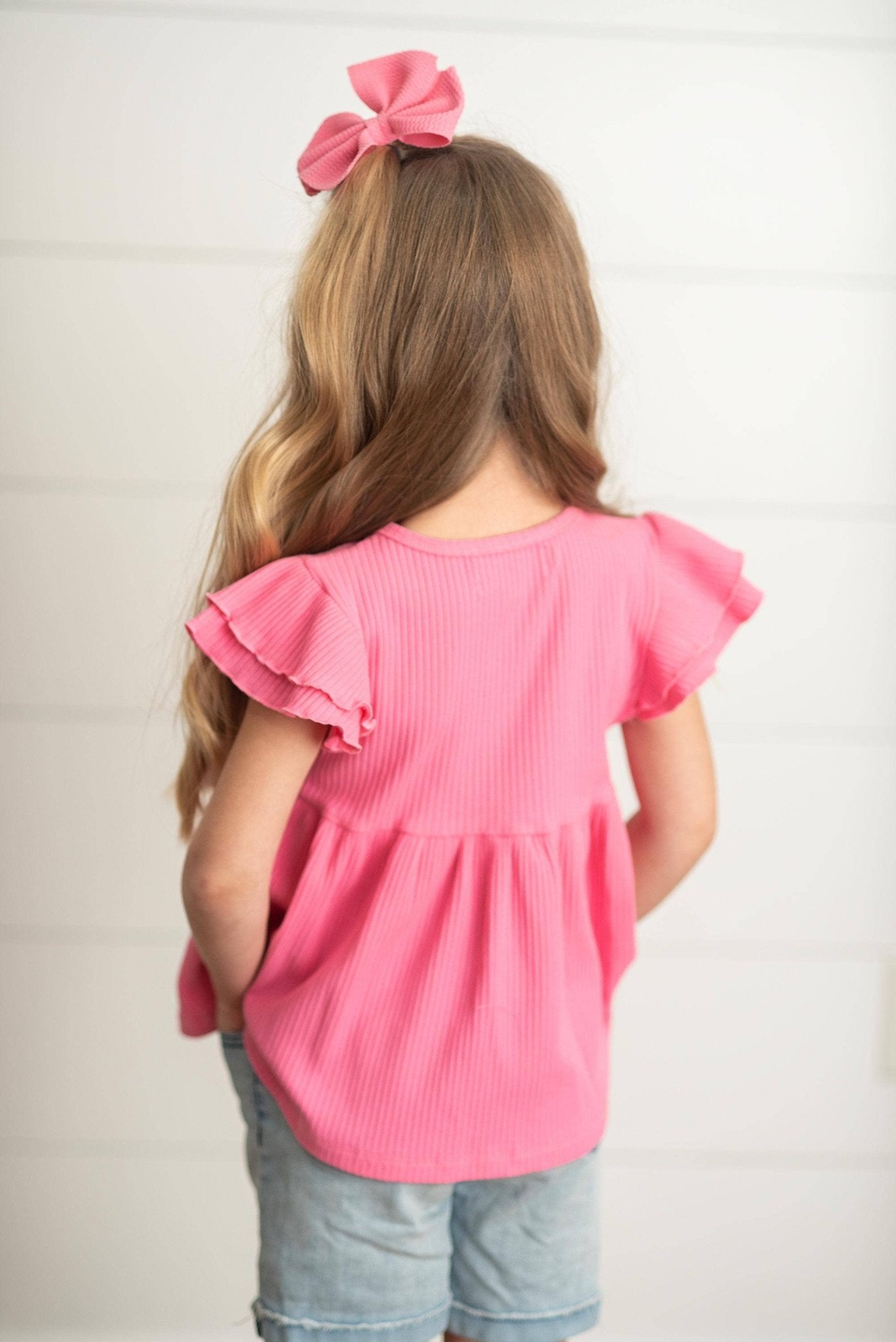 Kids Bright Pink Double Ruffle Flutter Sleeve Spring Shirt - Tiny Tots Boutique