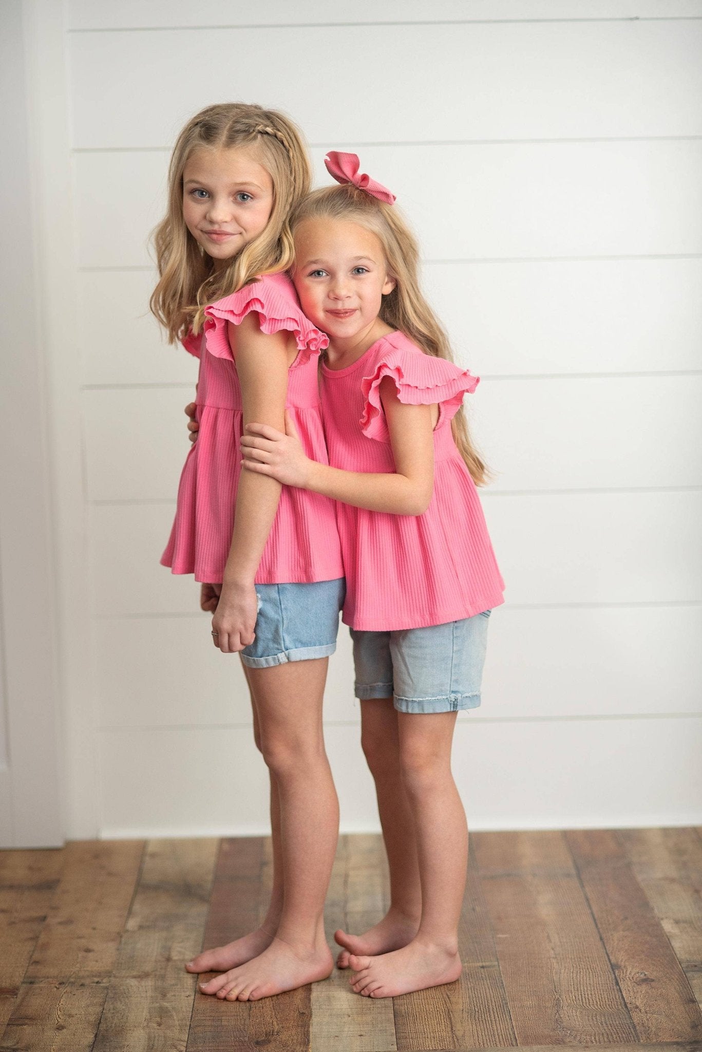 Kids Bright Pink Double Ruffle Flutter Sleeve Spring Shirt - Tiny Tots Boutique