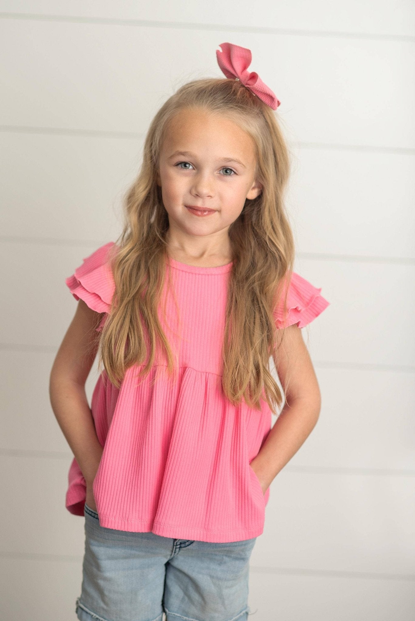 Kids Bright Pink Double Ruffle Flutter Sleeve Spring Shirt - Tiny Tots Boutique