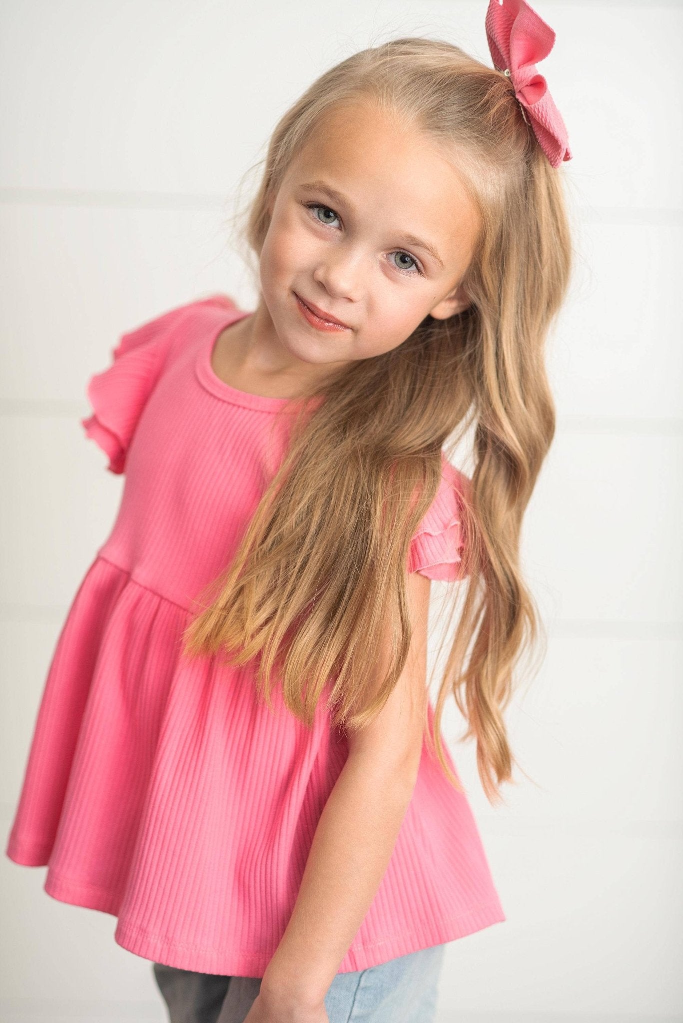 Kids Bright Pink Double Ruffle Flutter Sleeve Spring Shirt - Tiny Tots Boutique