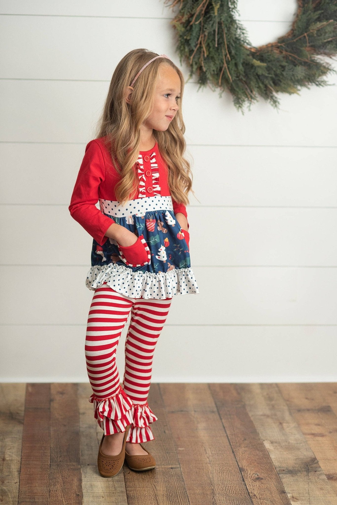 Kids Christmas Holiday Candy Cane Stripe Ruffle Pocket Set - Tiny Tots Boutique