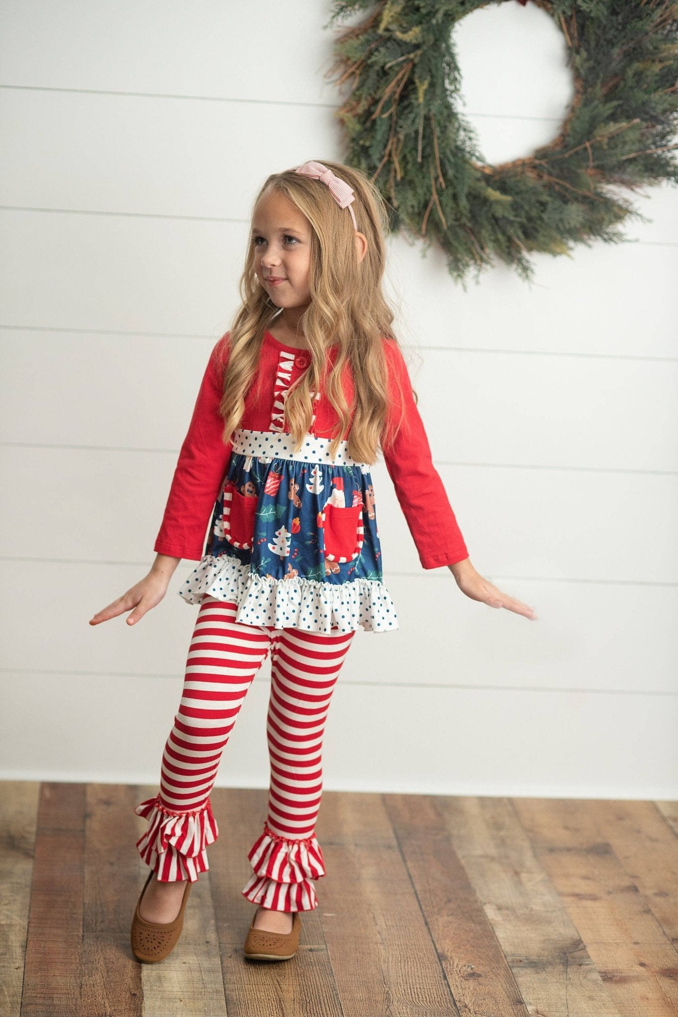 Kids Christmas Holiday Candy Cane Stripe Ruffle Pocket Set - Tiny Tots Boutique