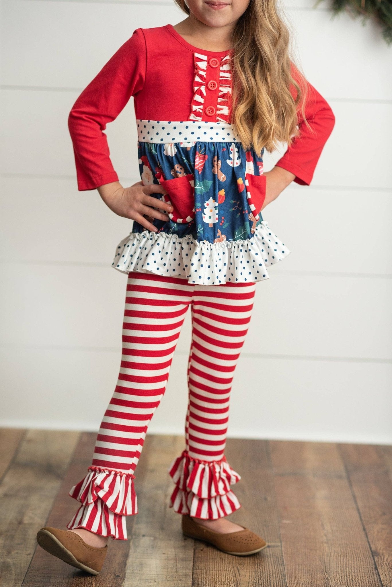 Kids Christmas Holiday Candy Cane Stripe Ruffle Pocket Set - Tiny Tots Boutique