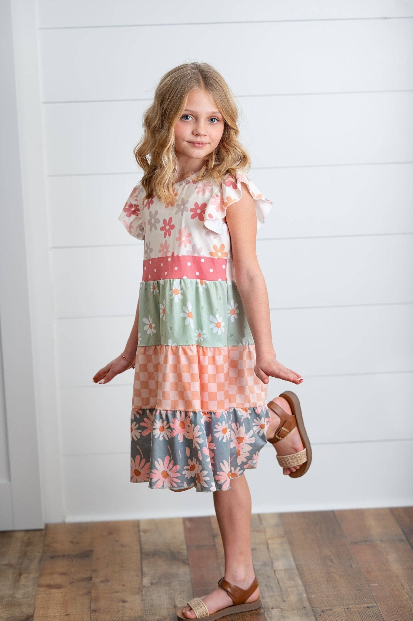 Kids Daisy & Checkered Tiered Spring Easter Summer Dress - Tiny Tots Boutique