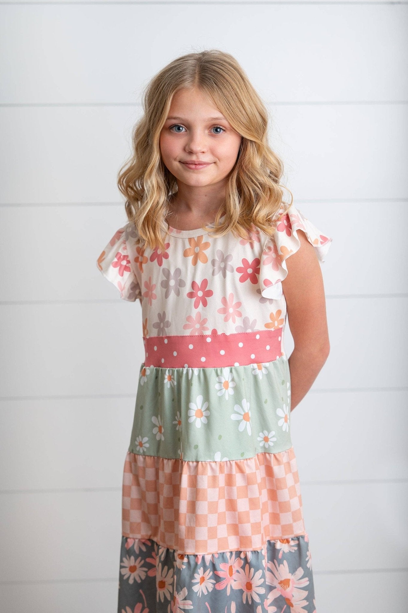 Kids Daisy & Checkered Tiered Spring Easter Summer Dress - Tiny Tots Boutique