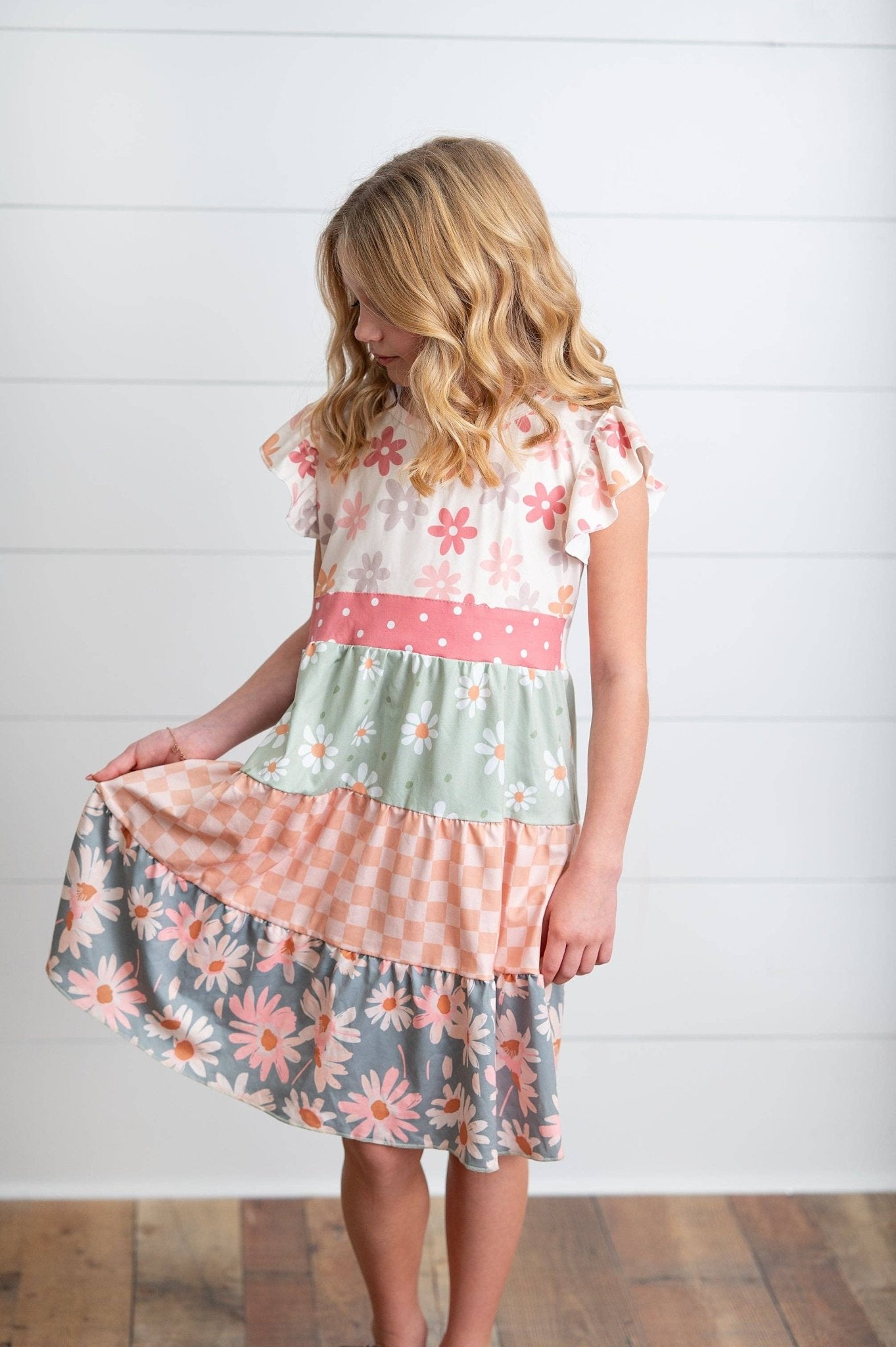 Kids Daisy & Checkered Tiered Spring Easter Summer Dress - Tiny Tots Boutique