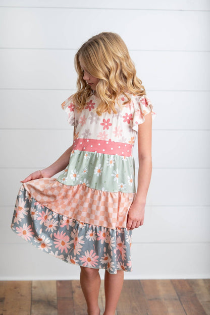 Kids Daisy & Checkered Tiered Spring Easter Summer Dress - Tiny Tots Boutique
