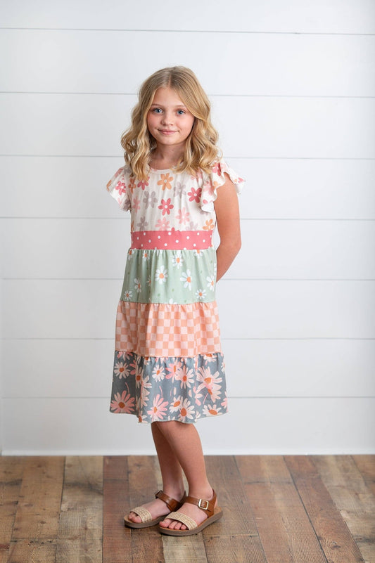 Kids Daisy & Checkered Tiered Spring Easter Summer Dress - Tiny Tots Boutique