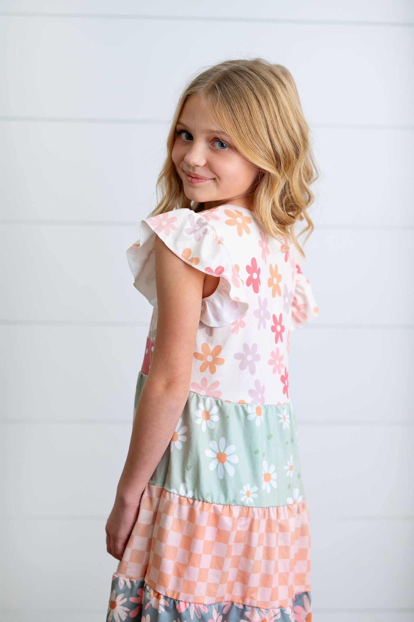 Kids Daisy & Checkered Tiered Spring Easter Summer Dress - Tiny Tots Boutique