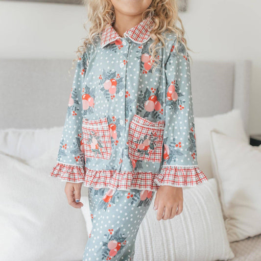 Kids Holly Berry Pocket Button Christmas Lounge Play Set - Tiny Tots Boutique