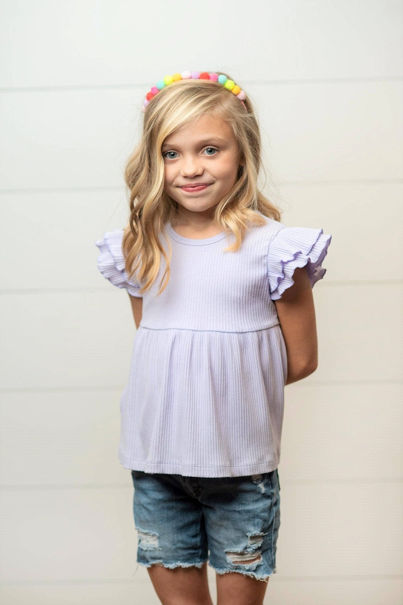 Kids Lavender Double Ruffle Flutter Sleeve Spring Shirt - Tiny Tots Boutique