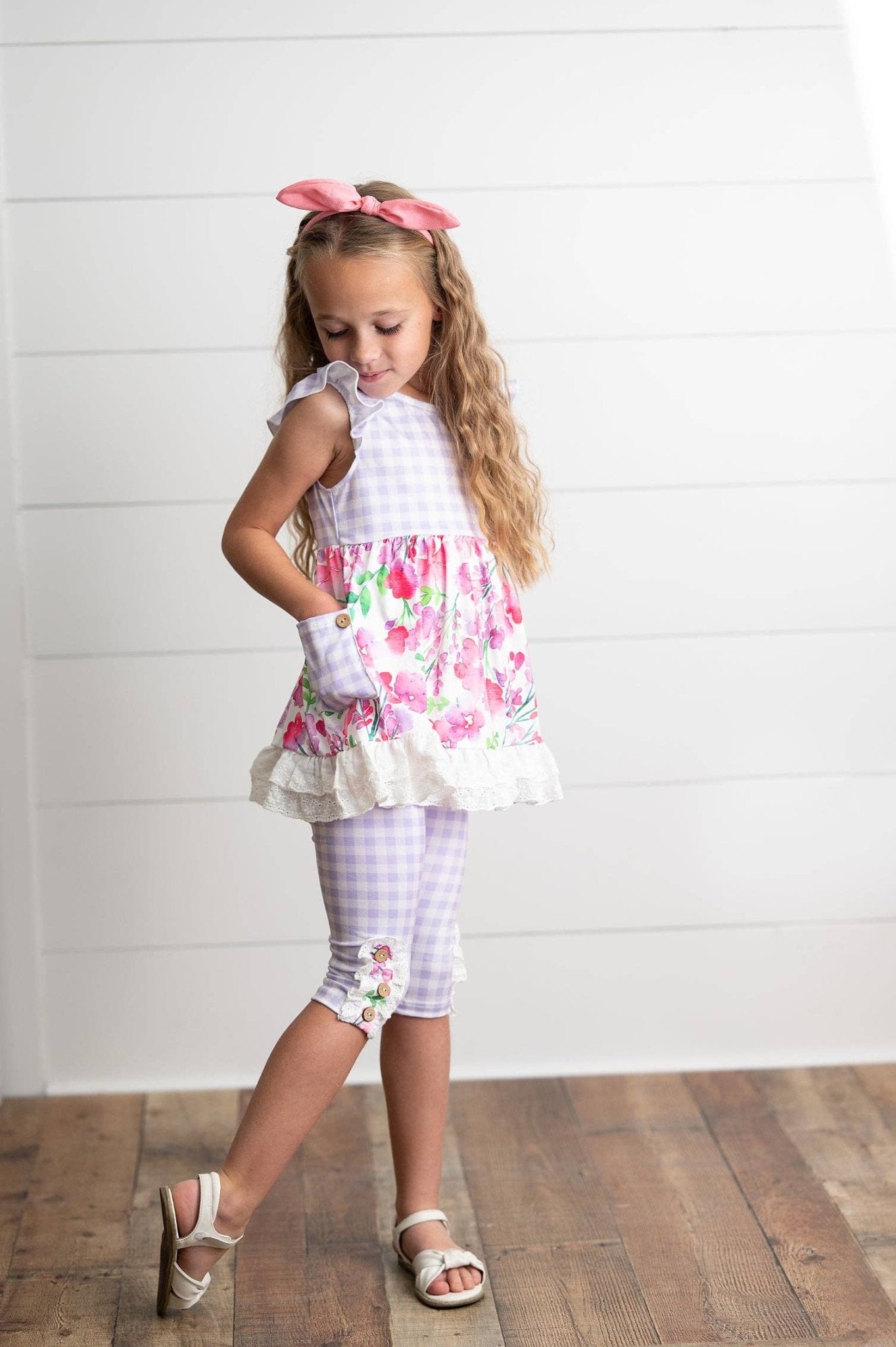 Kids Lavender Gingham & Floral Capri Ruffle Spring Set - Tiny Tots Boutique