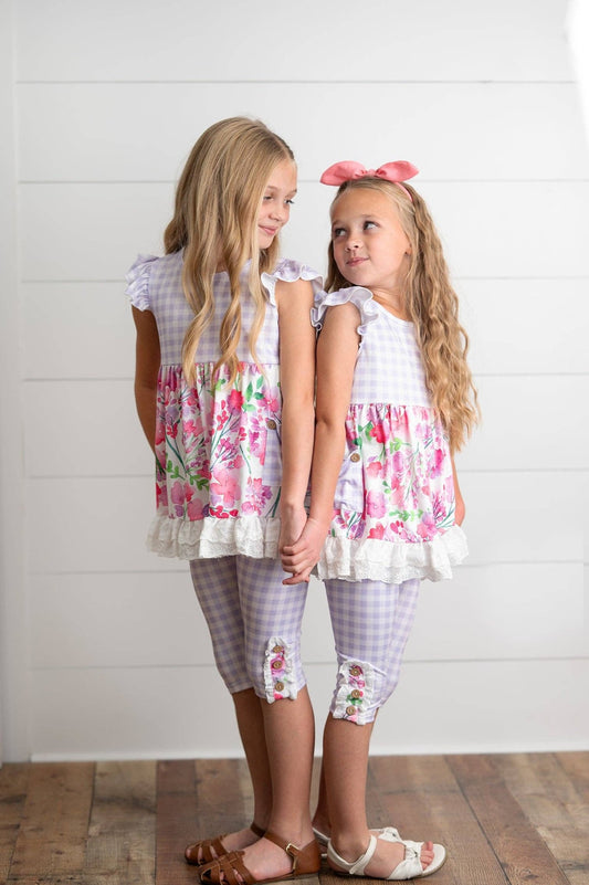 Kids Lavender Gingham & Floral Capri Ruffle Spring Set - Tiny Tots Boutique