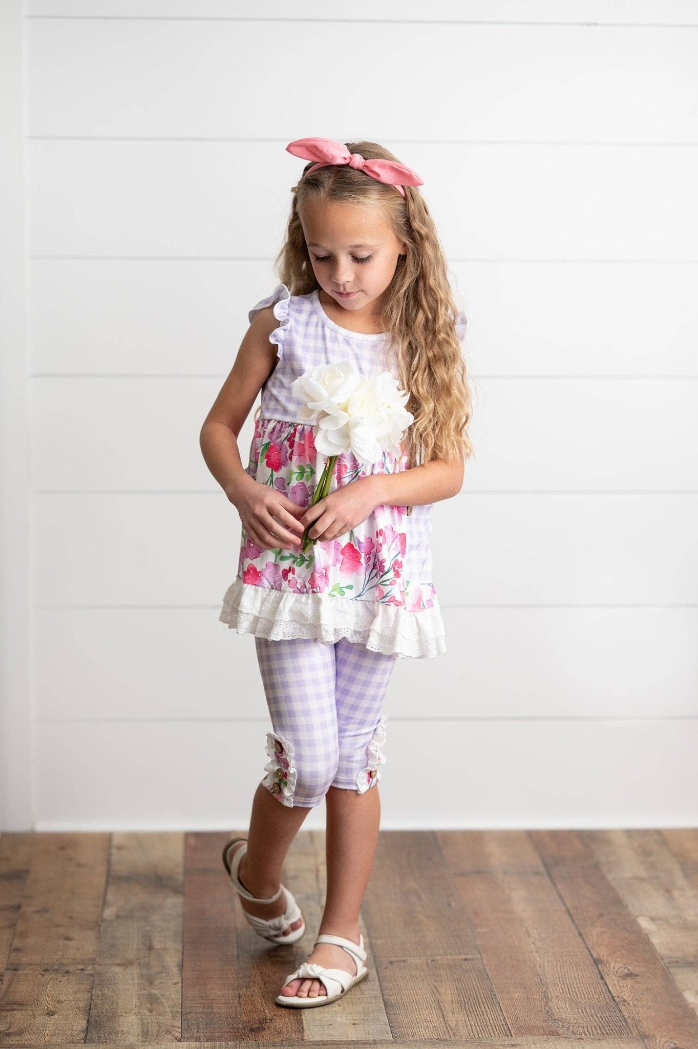 Kids Lavender Gingham & Floral Capri Ruffle Spring Set - Tiny Tots Boutique