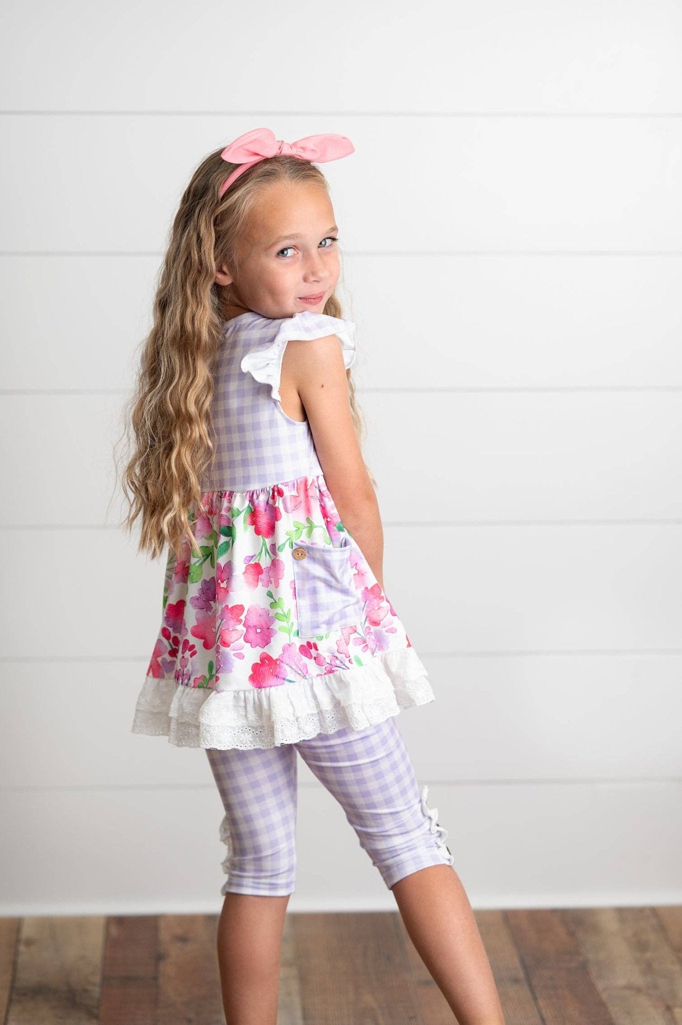 Kids Lavender Gingham & Floral Capri Ruffle Spring Set - Tiny Tots Boutique